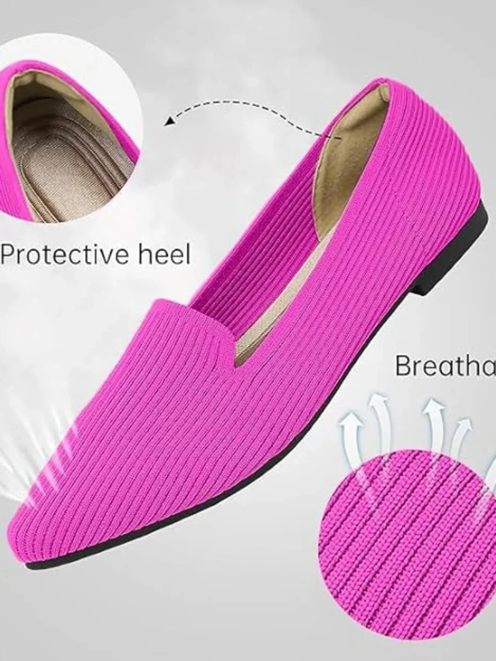 Women's Pink Pointed Toe Knit Ballet Flats Washable Important Work Shoes